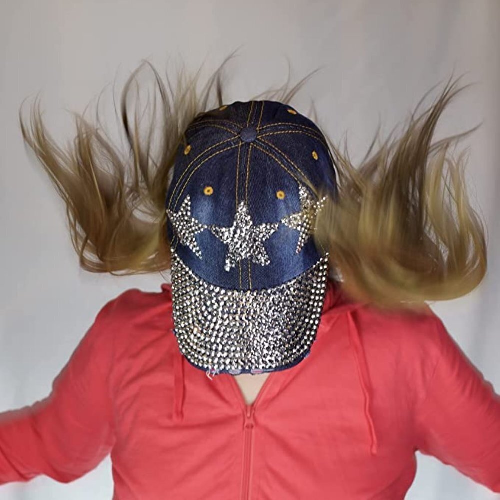 Bling Hat for Women, Fun Rhinestone Baseball Cap, Bejeweled Distressed Denim Hat